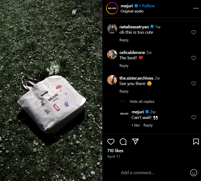 Mejuri tote bag on grass in a social CRM post with branded illustrations and sunny outdoor vibe.