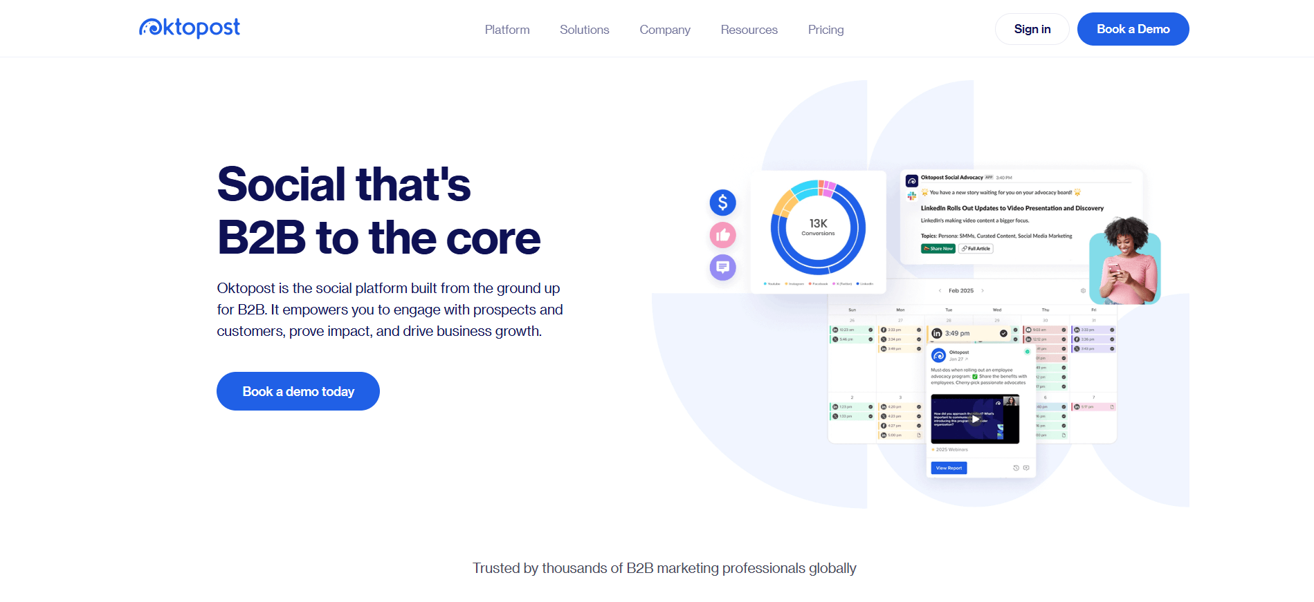 Oktopost homepage showing B2B social marketing tools, analytics dashboard, and call-to-action.