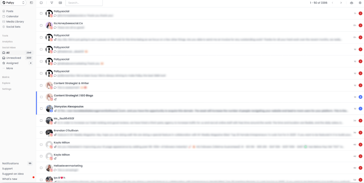 Pallyy dashboard organizing social engagement with unread and resolved messages.