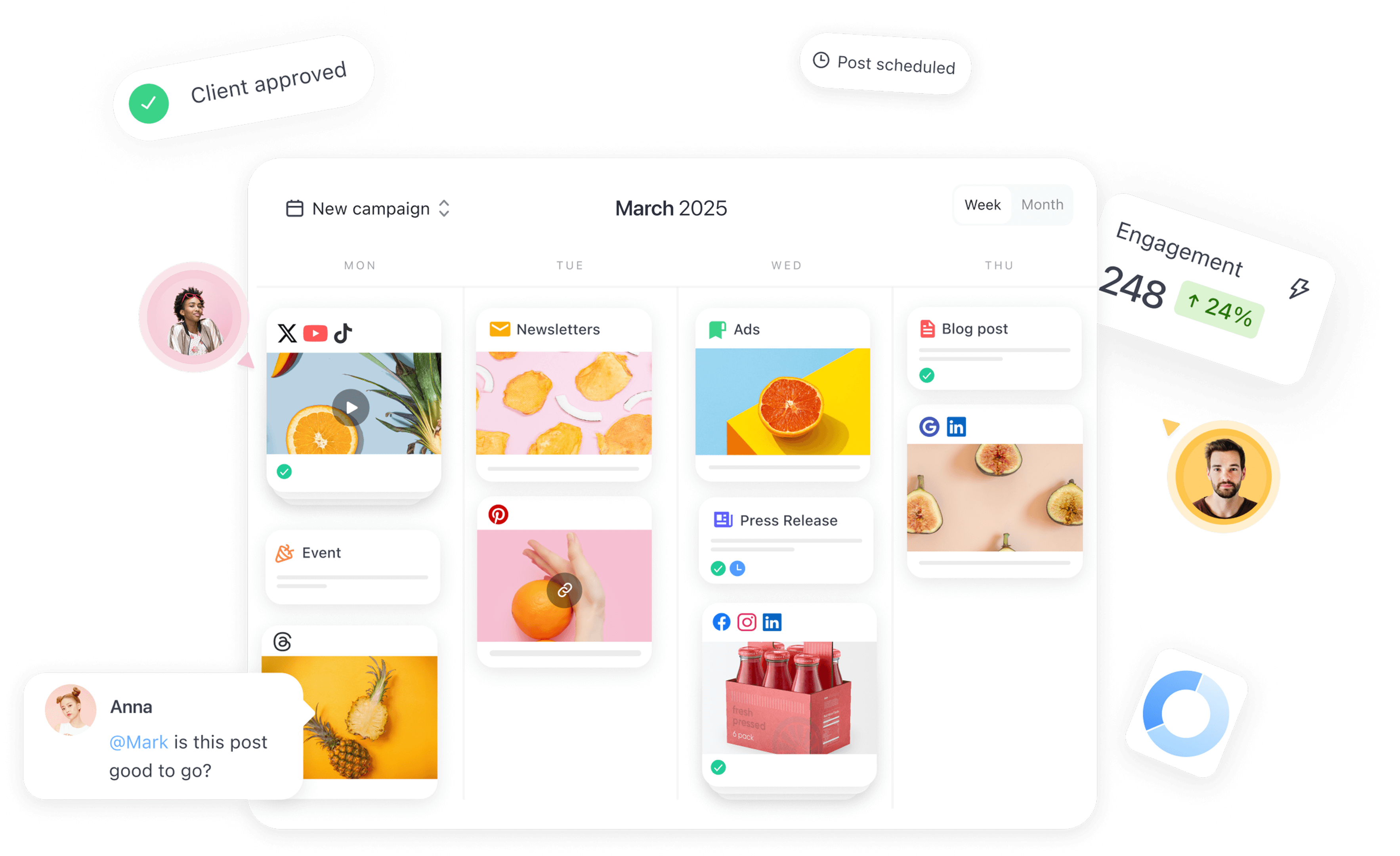 Planable's march campaign calendar with post cards, client approval, scheduled post, and engagement stats.