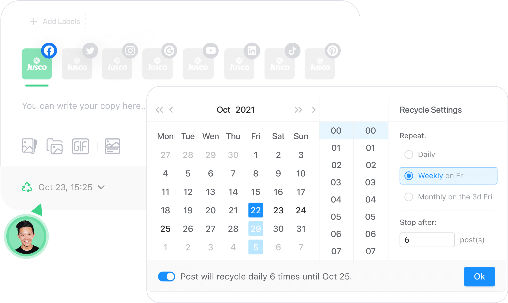 Content recycling settings in Planable with calendar, repeat options, and scheduled post preview.