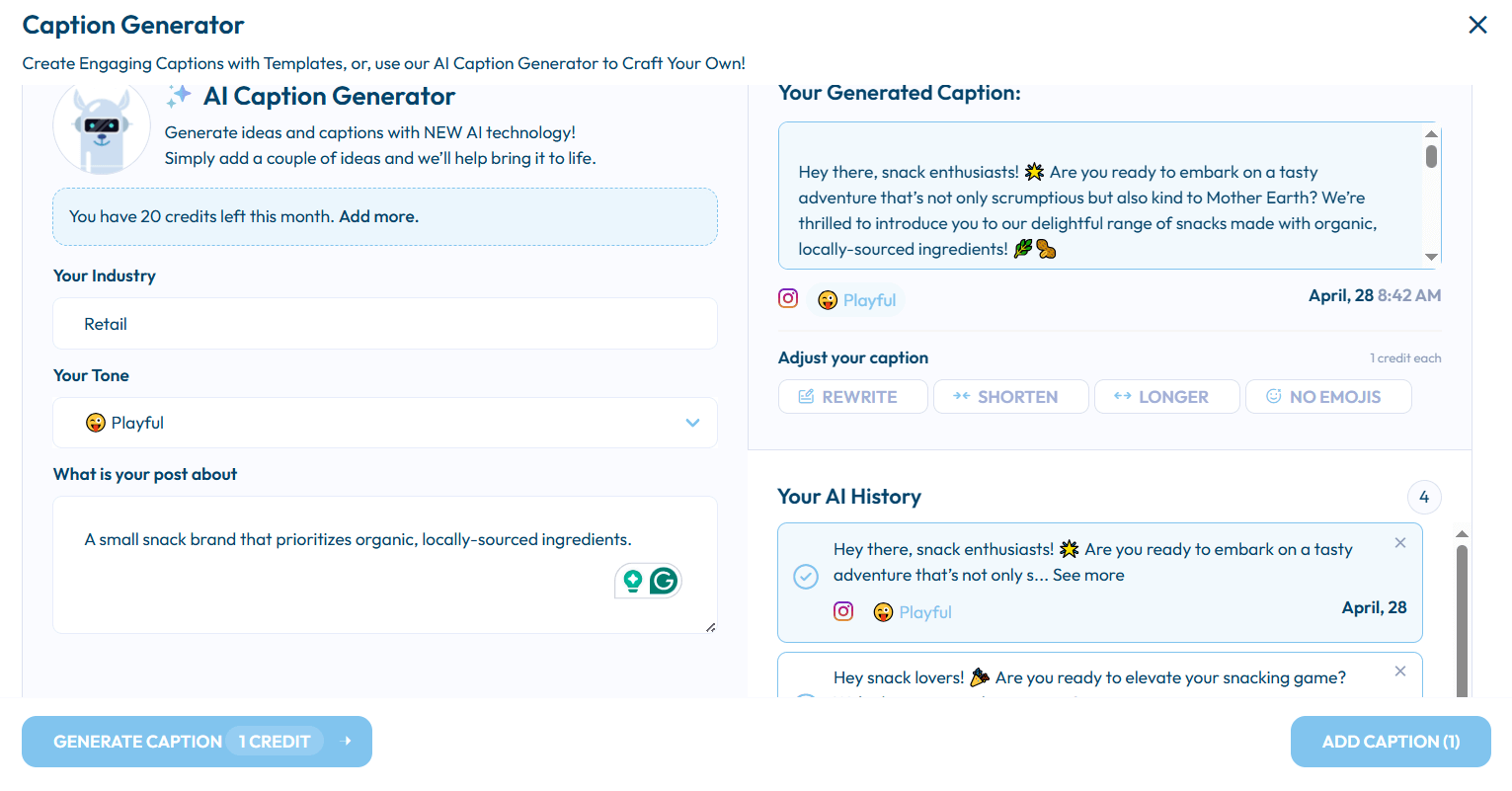 Plann's That AI caption generator dashboard with playful tone and example captions for a snack brand.
