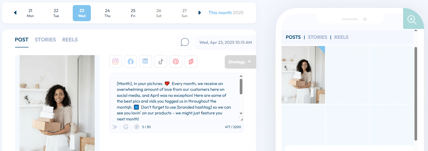 Plann's That Social media post composer with preview showing woman holding boxes and caption draft.