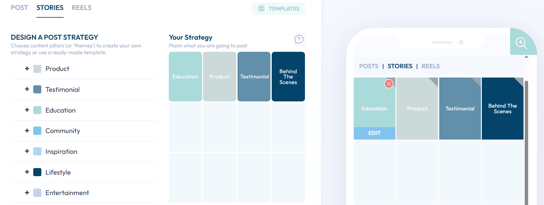 Post strategy planner with selected themes like Education, Product, and Testimonials for Stories in Plann That.