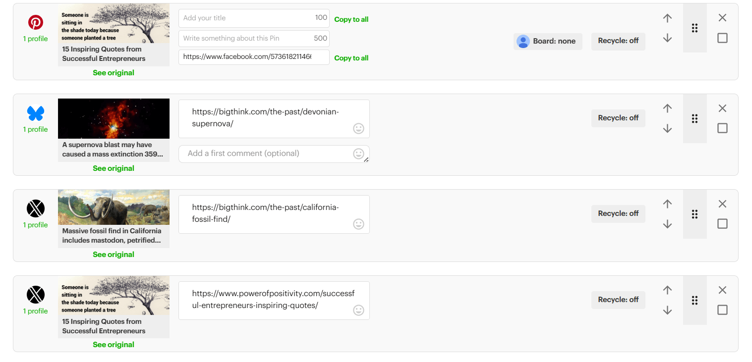 Post Planner interface for composing posts, with fields for captions, links, and individual platform preview cards.