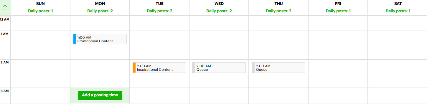 Post Planner's weekly calendar layout showing scheduled promotional and inspirational posts with daily posting stats.