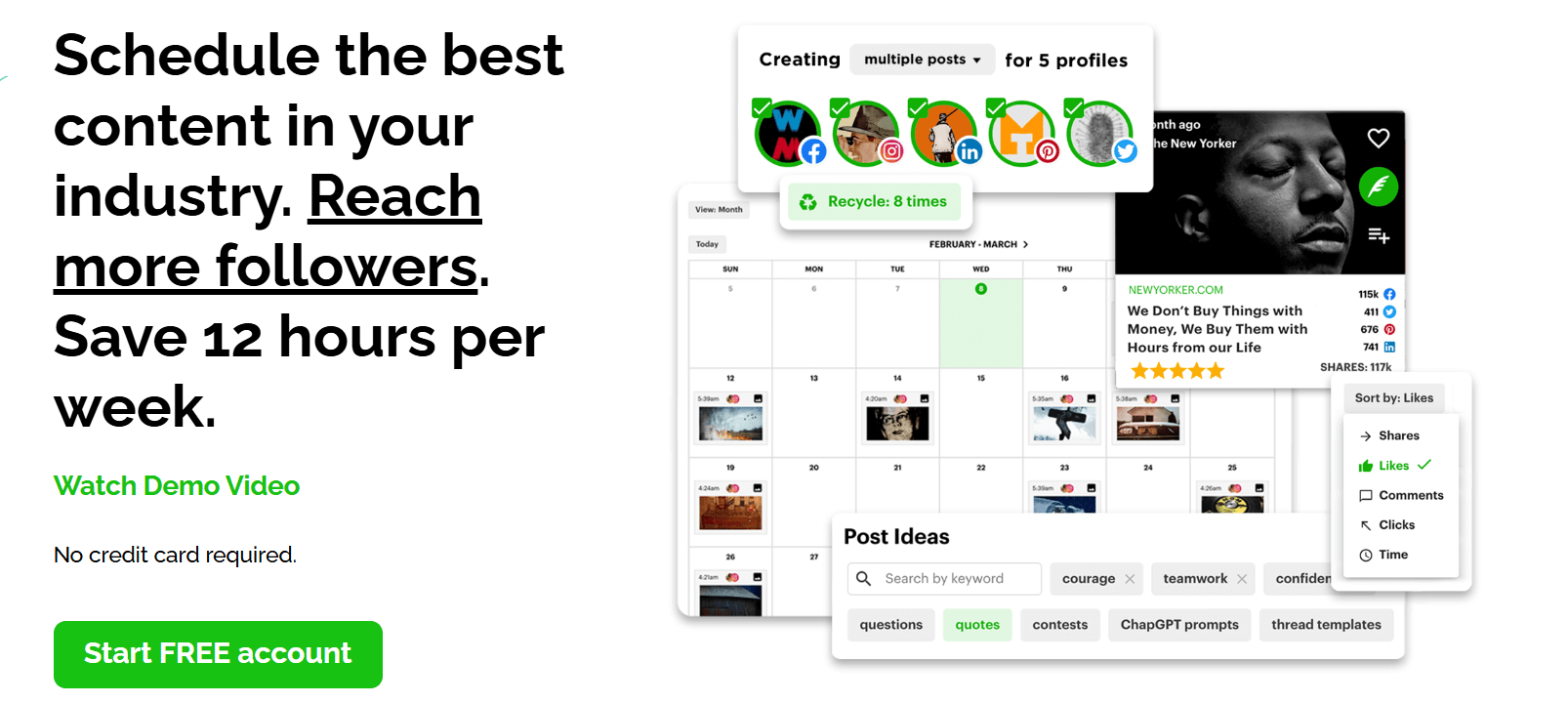 Marketing message highlighting content scheduling, profile integration, and calendar with recycling stats.