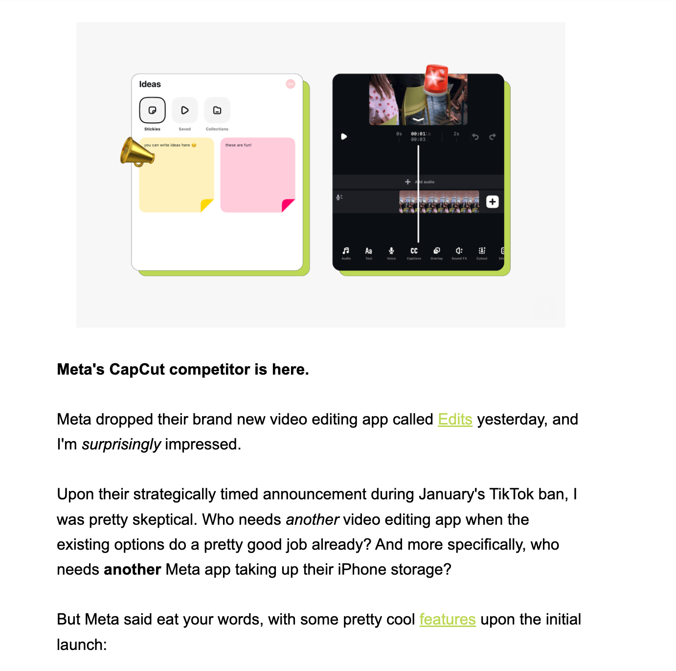 PLM newsletter reveals Meta’s new video editing app compared to sticky note-style content planner.