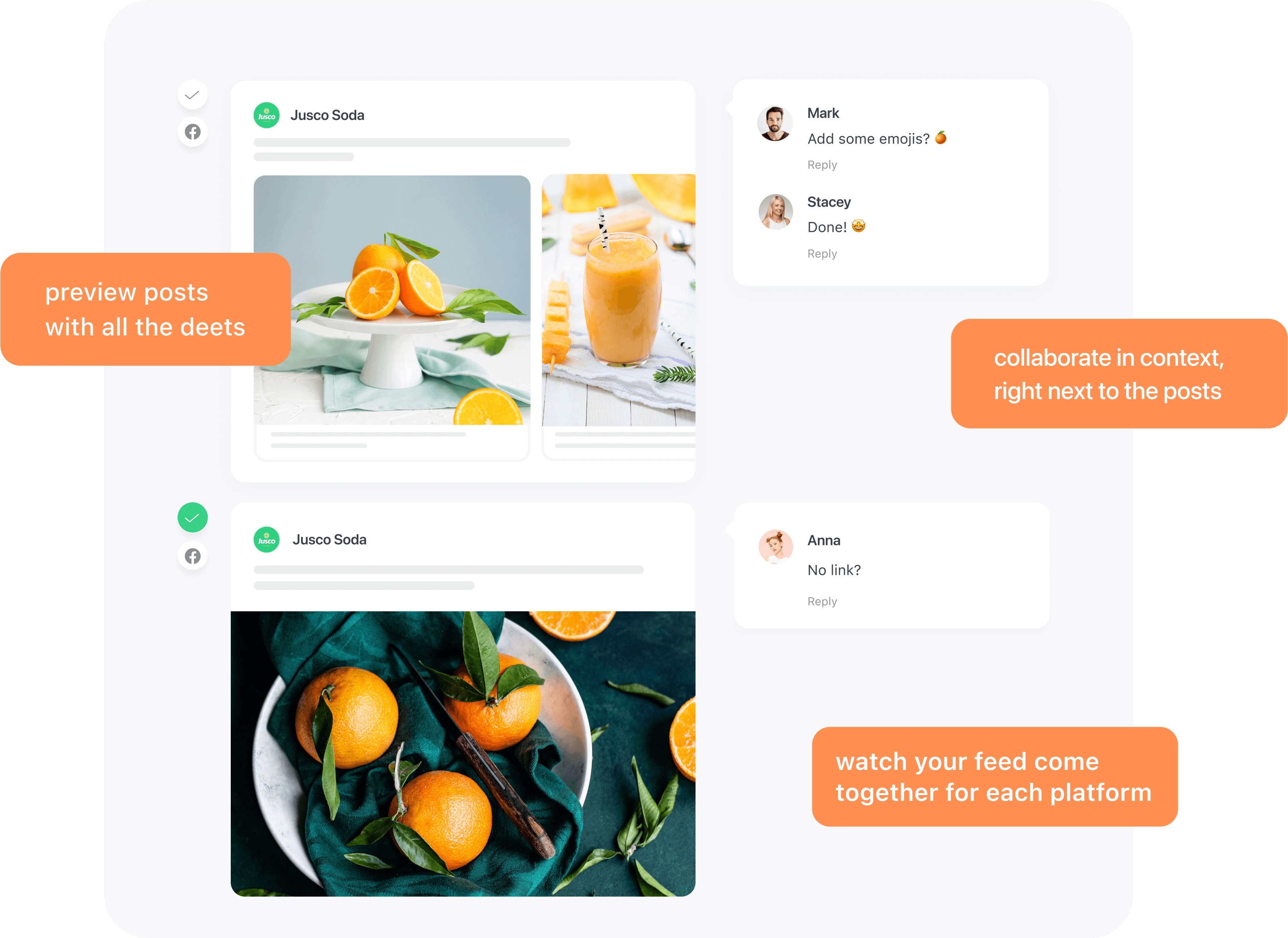 Social media post previews with team comments and platform icons for real-time content collaboration.