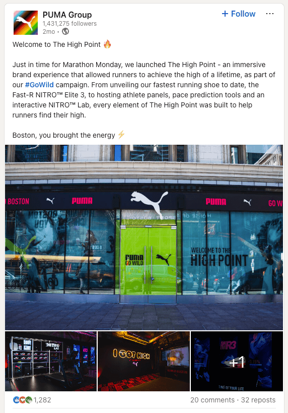 Exterior of PUMA's Boston pop-up with "Welcome to The High Point" and green door branded with #GoWild campaign.