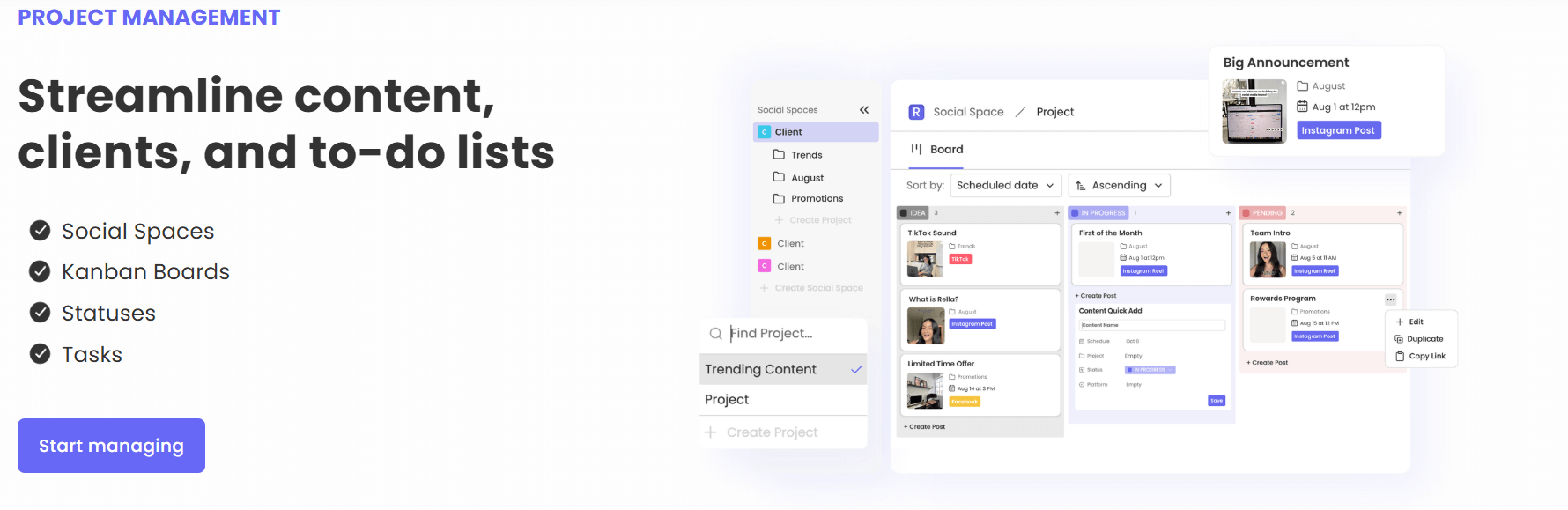 Project management interface with Kanban boards, social spaces, and task management tools.