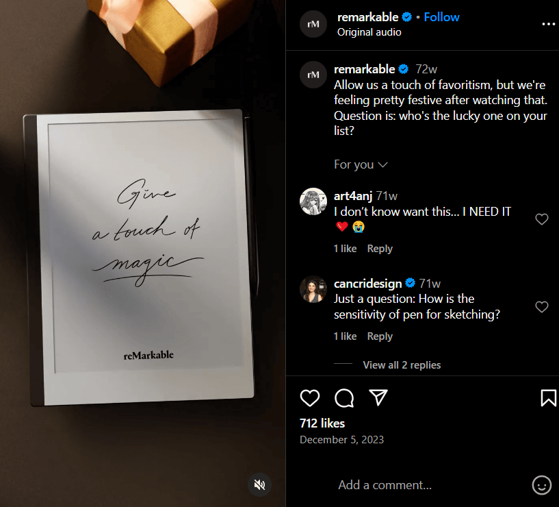 reMarkable tablet in a festive social CRM post with “Give a touch of magic” written on the screen. 