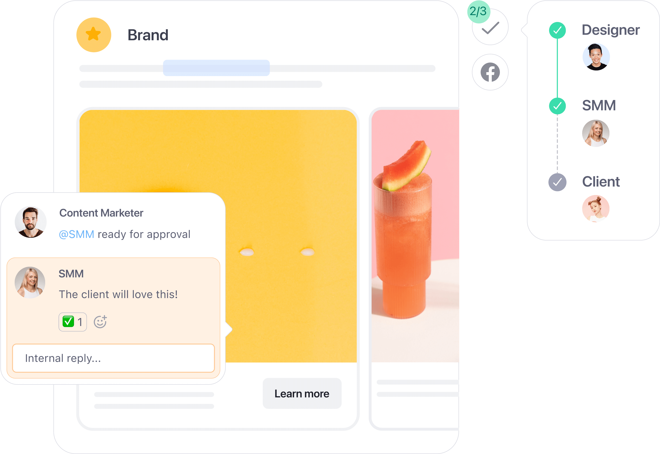 Content approval workflow with team chat, post preview, and progress tracker showing client and team approvals.