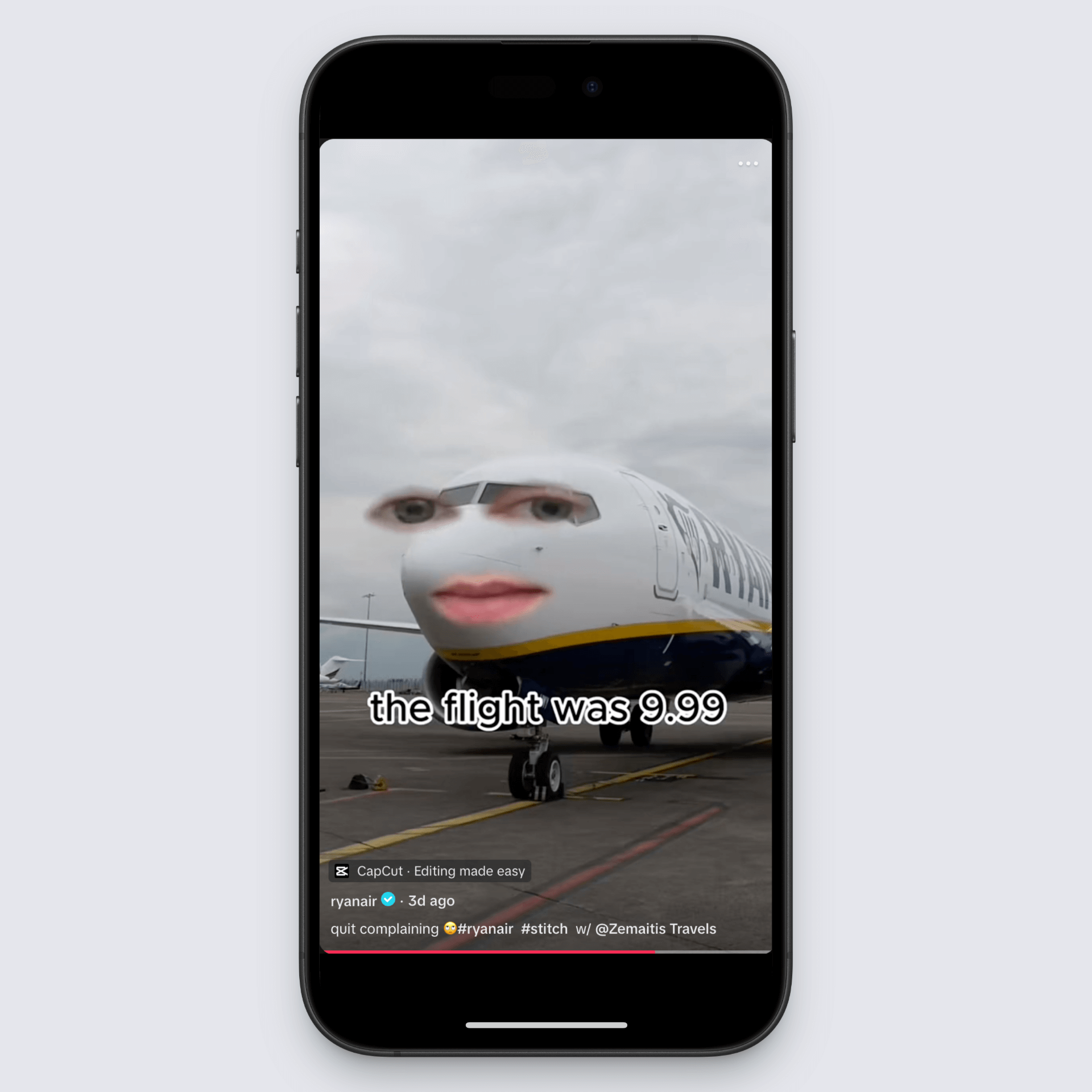 Ryanair plane edited with human face filter saying “the flight was 9.99” in a humorous TikTok on airport runway.