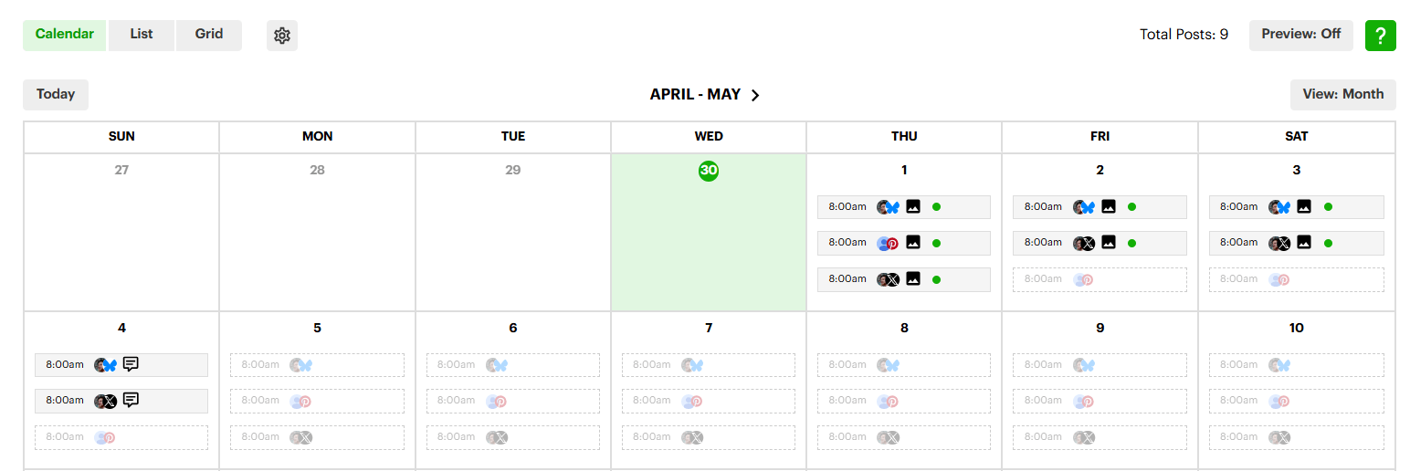  Post Planner’s monthly calendar showing content scheduled at 8am across multiple social platforms.