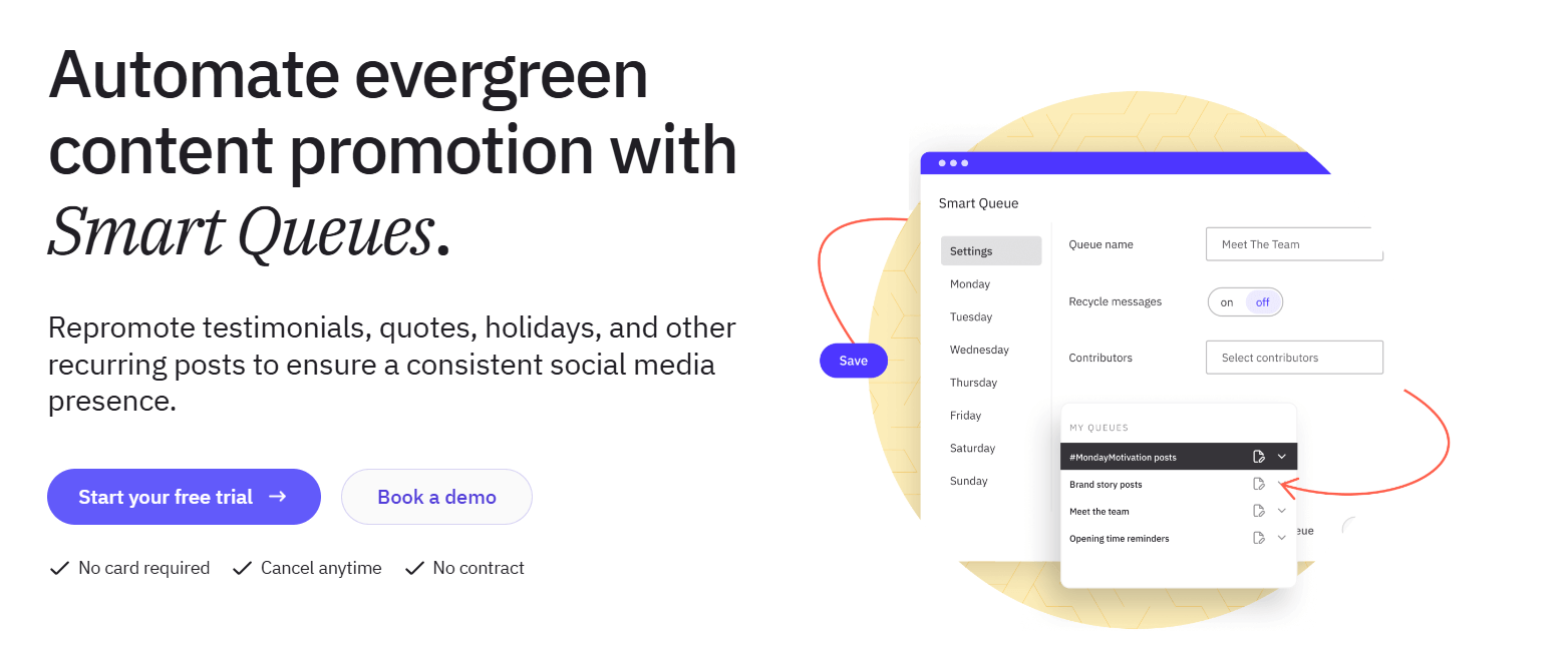 Smart Queue automation interface for recurring posts like testimonials and motivational content.