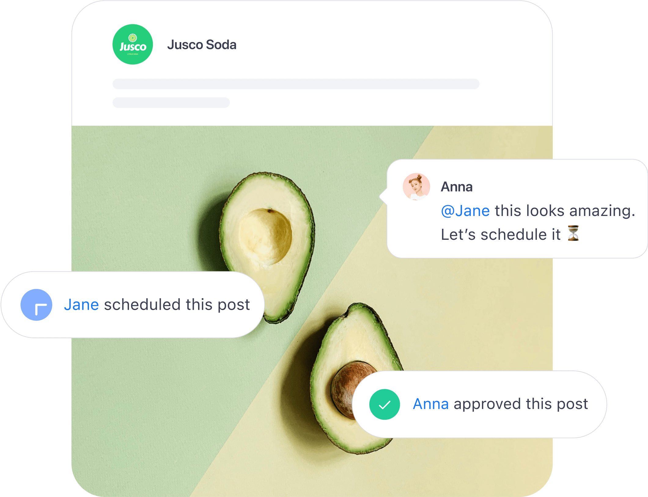 Halved avocados next to user comments showing approval and scheduling of a Jusco Soda social media post.