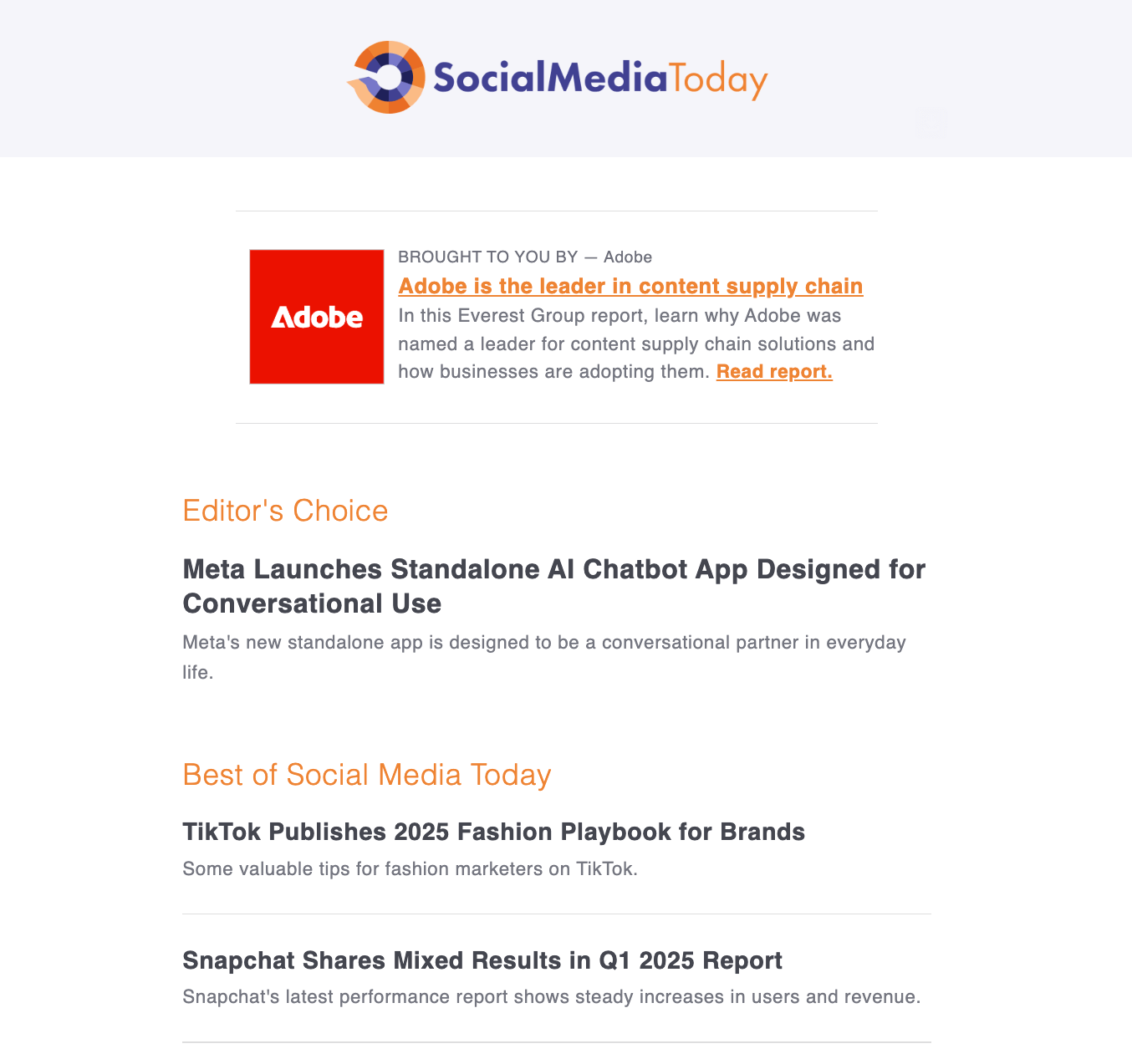 Social Media Today social media newsletter covers Meta’s AI chatbot, TikTok guide, and Snapchat results.