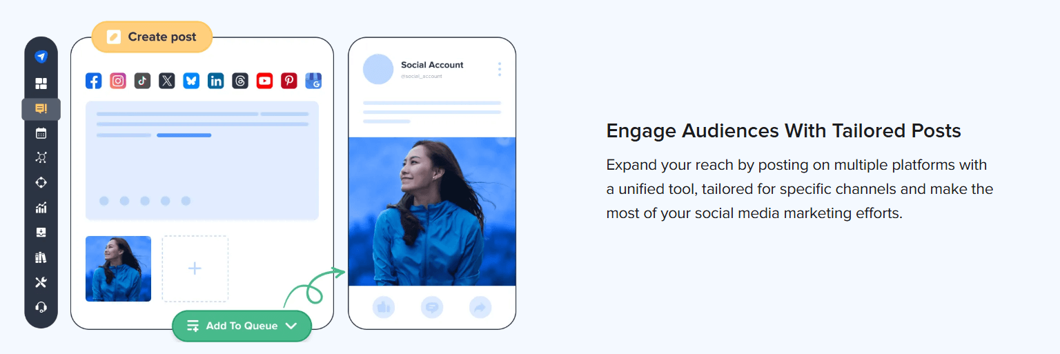SocialPilot post composer with platform icons, post preview, and Add to Queue button.