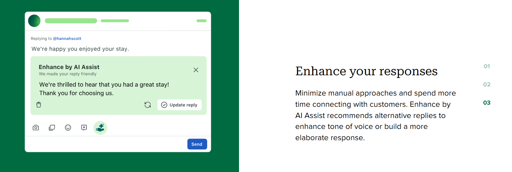 AI-enhanced reply suggestion in Sprout Social making customer response more friendly and engaging.