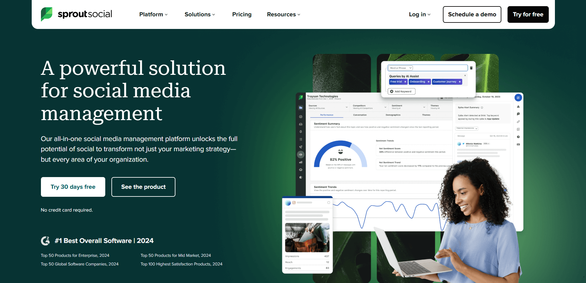 Sprout Social homepage highlighting sentiment analytics, engagement metrics, and product features.