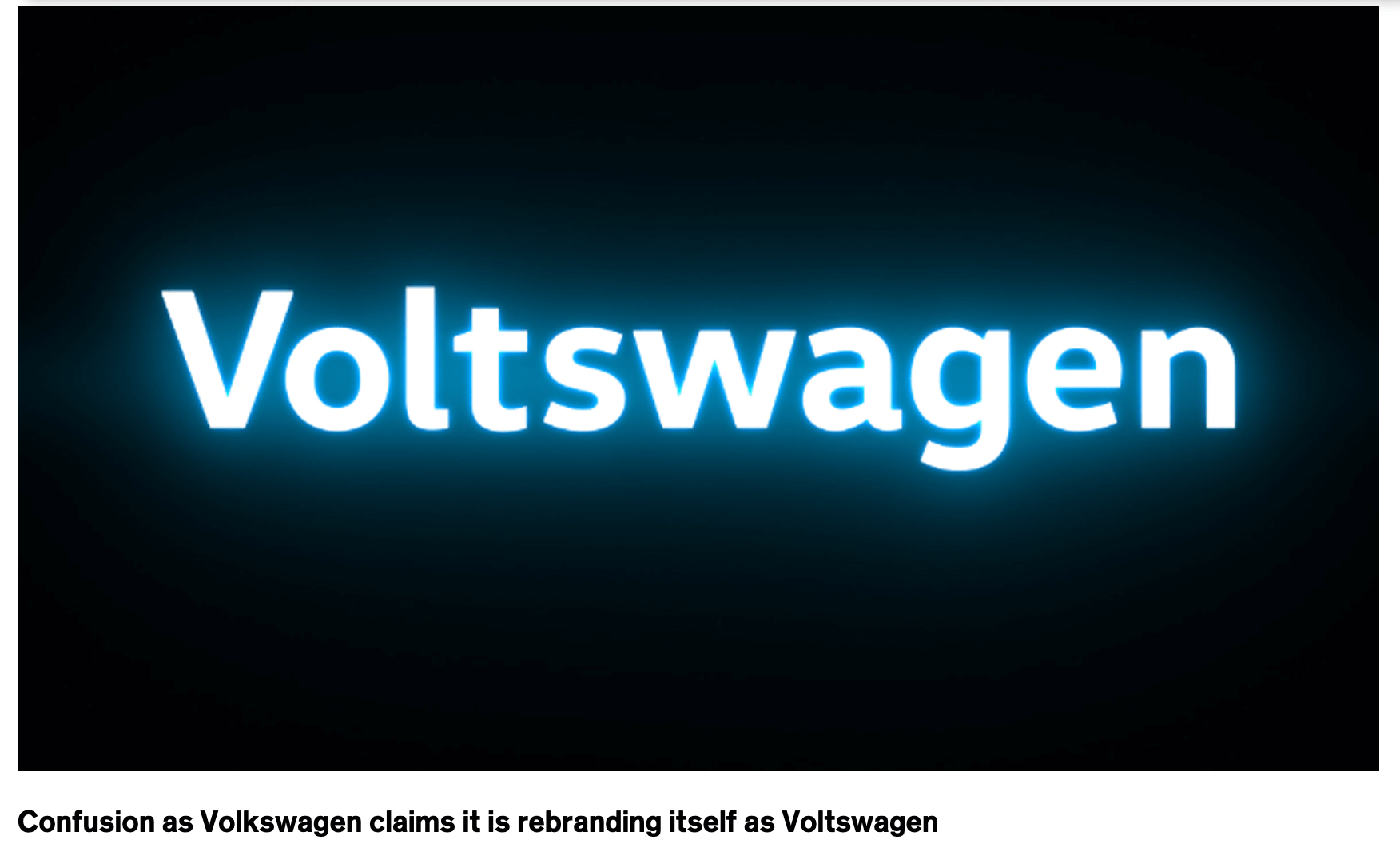 Glowing “Voltswagen” logo on black background with headline about Volkswagen rebranding confusion.
