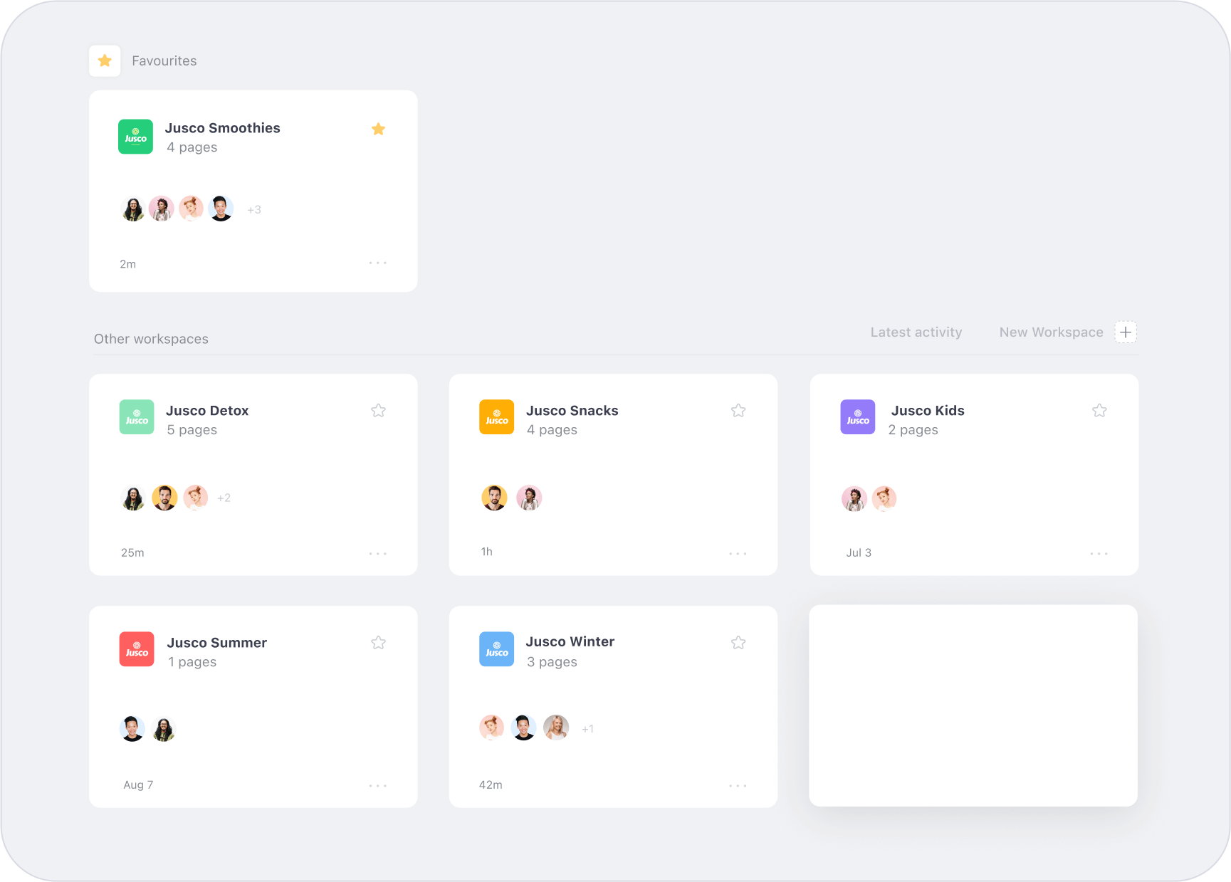 Planable dashboard view showing multiple Jusco brand workspaces with team avatars and recent activity timestamps.