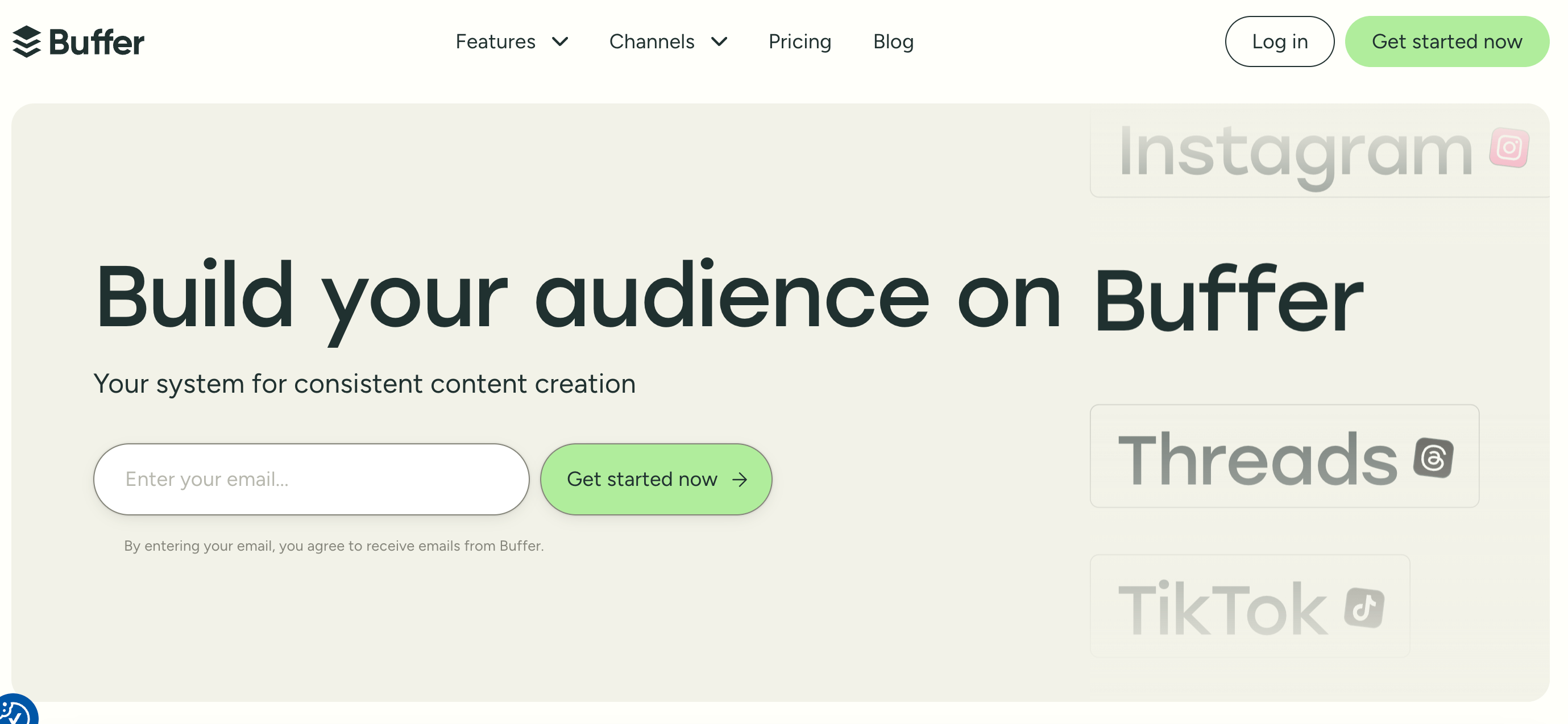 Buffer homepage with email signup and platforms like Instagram, Threads, and TikTok highlighted