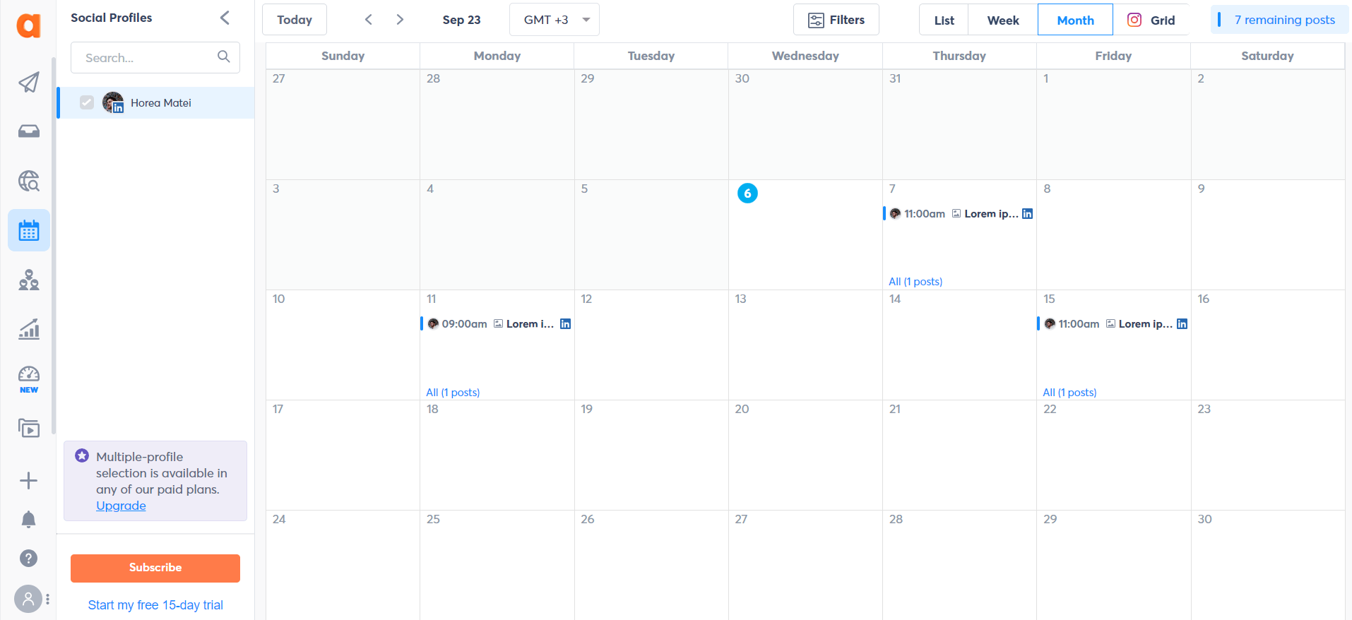 Agorapulse monthly editorial calendar showing scheduled social media posts with timestamps and filters.