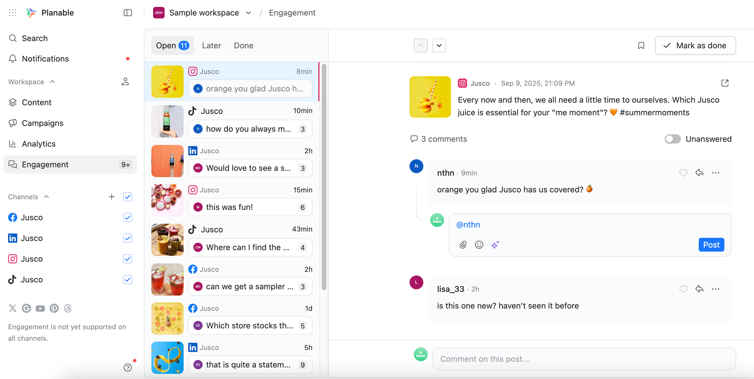 Engagement dashboard in Planable showing open messages and a conversation thread from various social platforms.