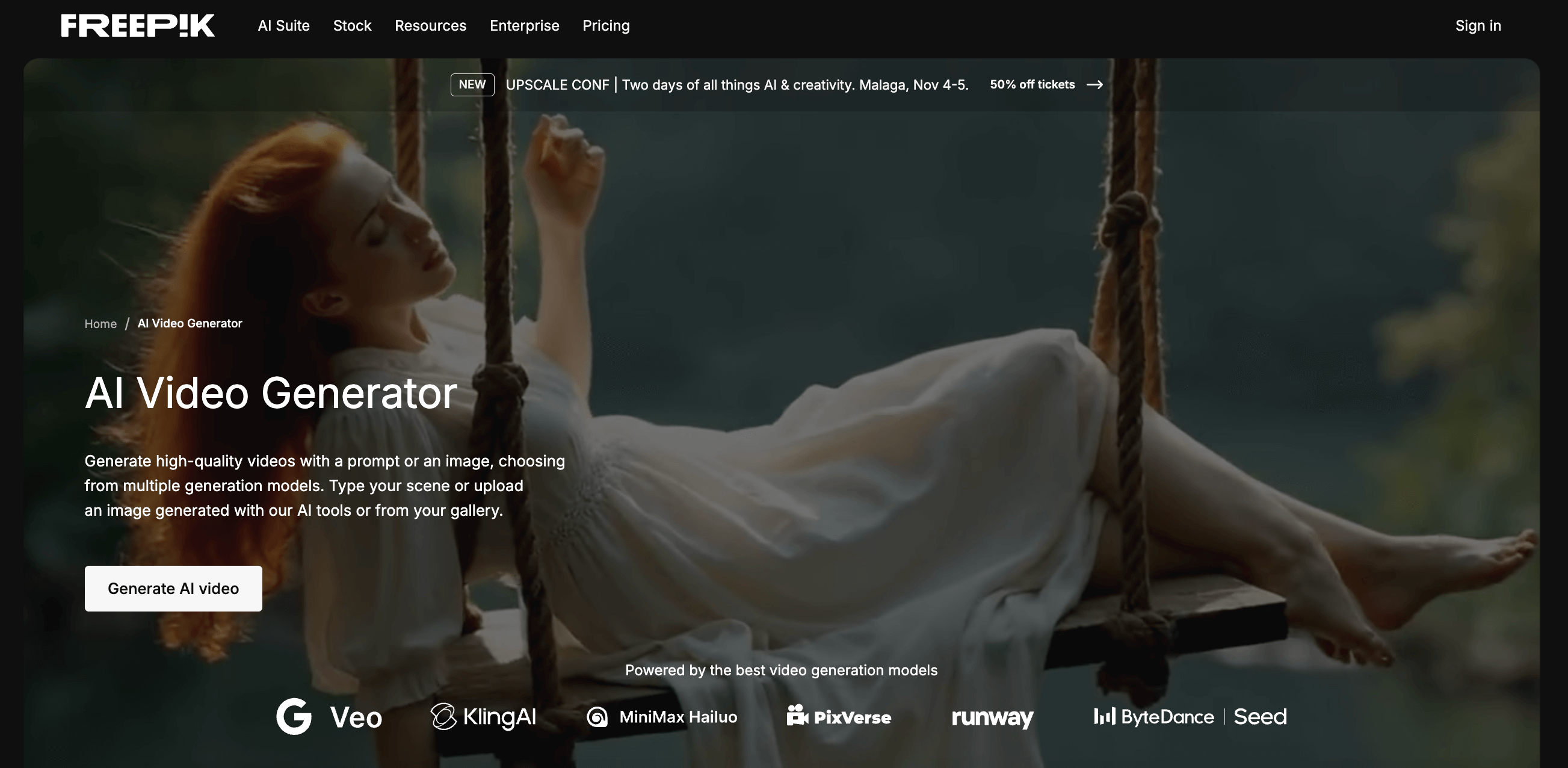 Woman in white dress swinging outdoors, featured on Freepik AI video generator homepage banner.