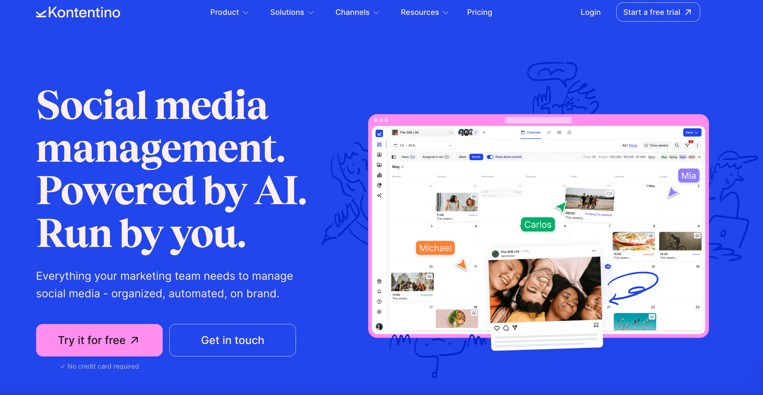 Kontentino homepage with bold text promoting AI-powered social media management and a content calendar preview.