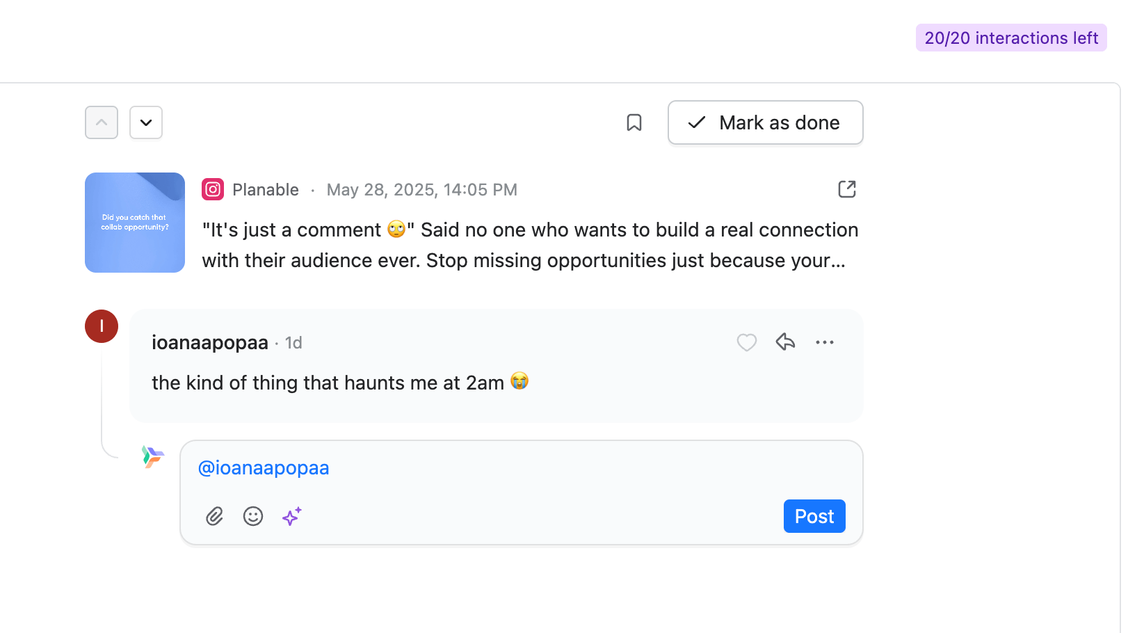 Social media comment reply interface showing a post and user comment with an option to respond.