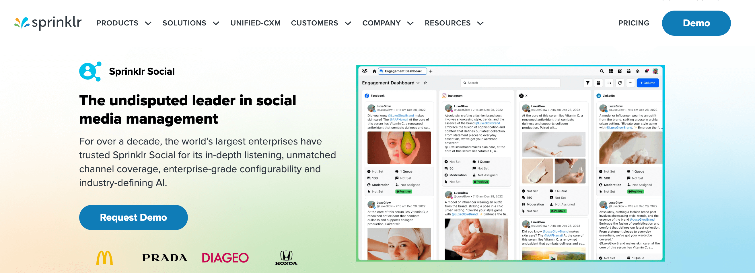 Sprinklr homepage with engagement dashboard and social post analytics across multiple networks