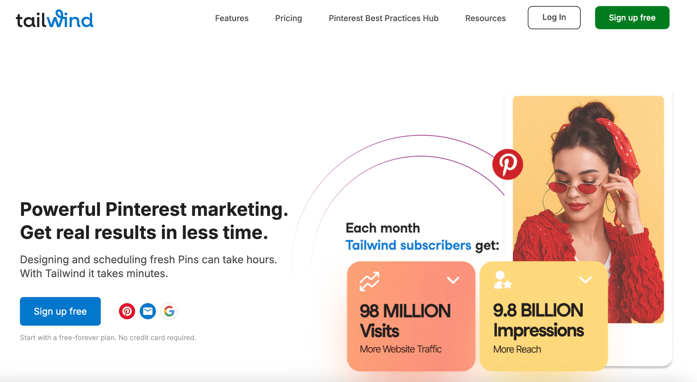 Tailwind homepage highlighting Pinterest marketing stats with image of woman in red sweater and sunglasses.