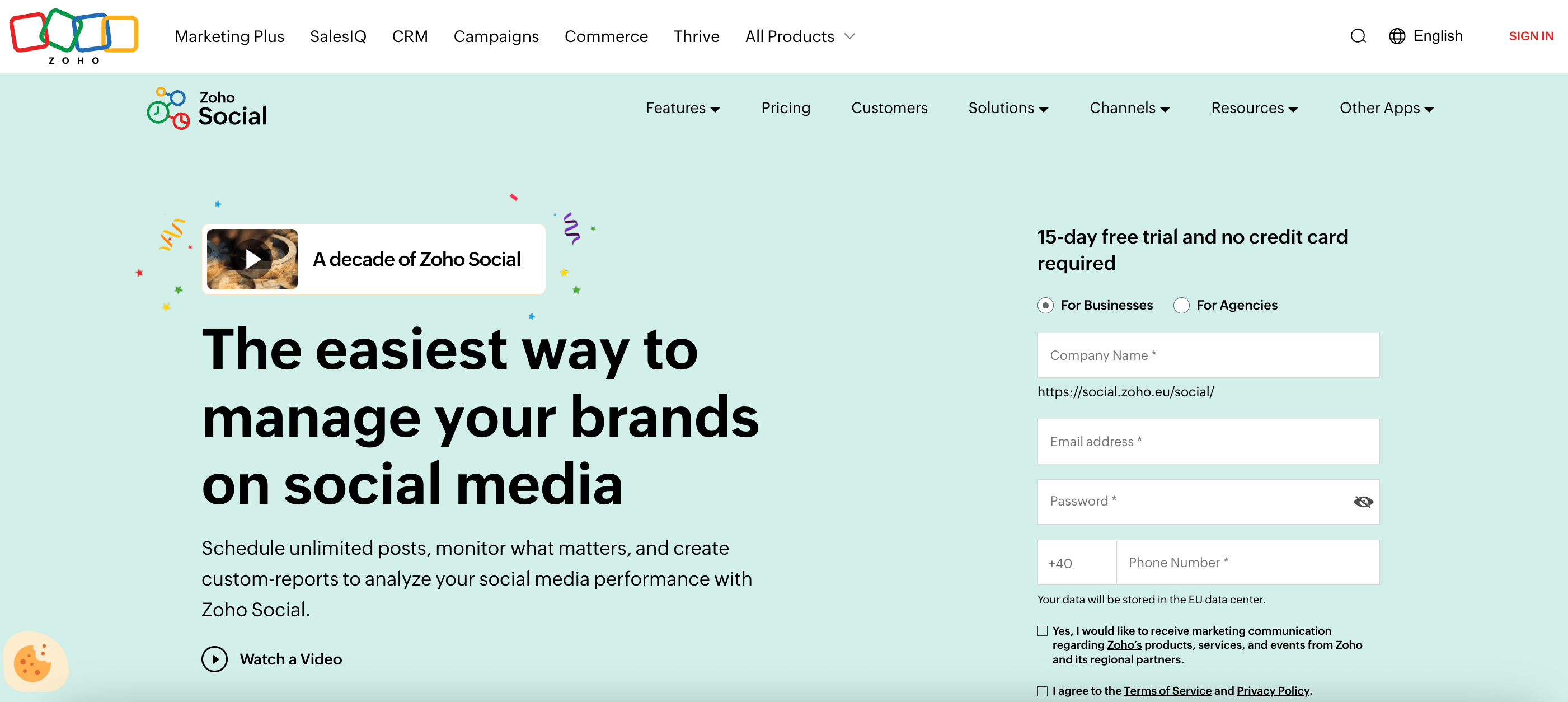 Zoho Social homepage offering brand management tools