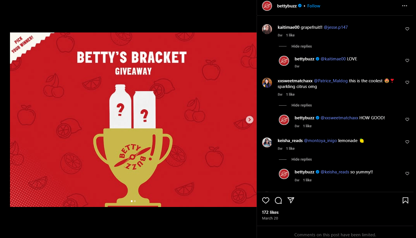 Giveaway post showing mystery bottles in a trophy, with fan comments praising the flavors.