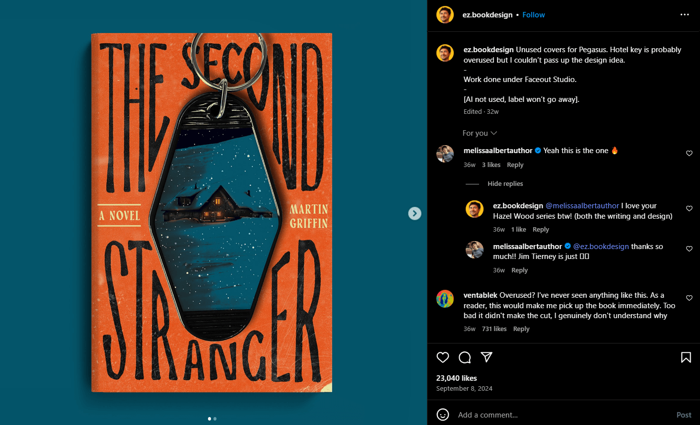 Book cover post with fan praise and positive design feedback in the comments.