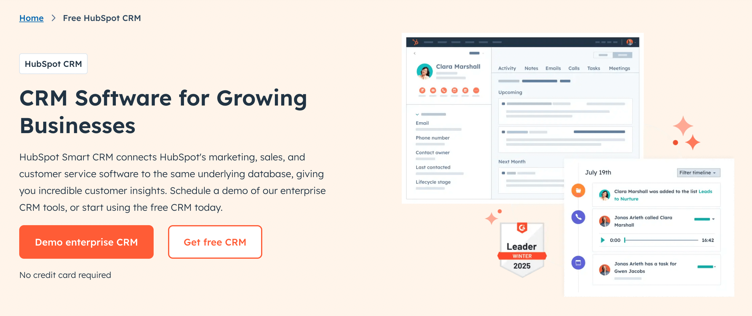 HubSpot CRM dashboard with contact details and timeline of customer interactions