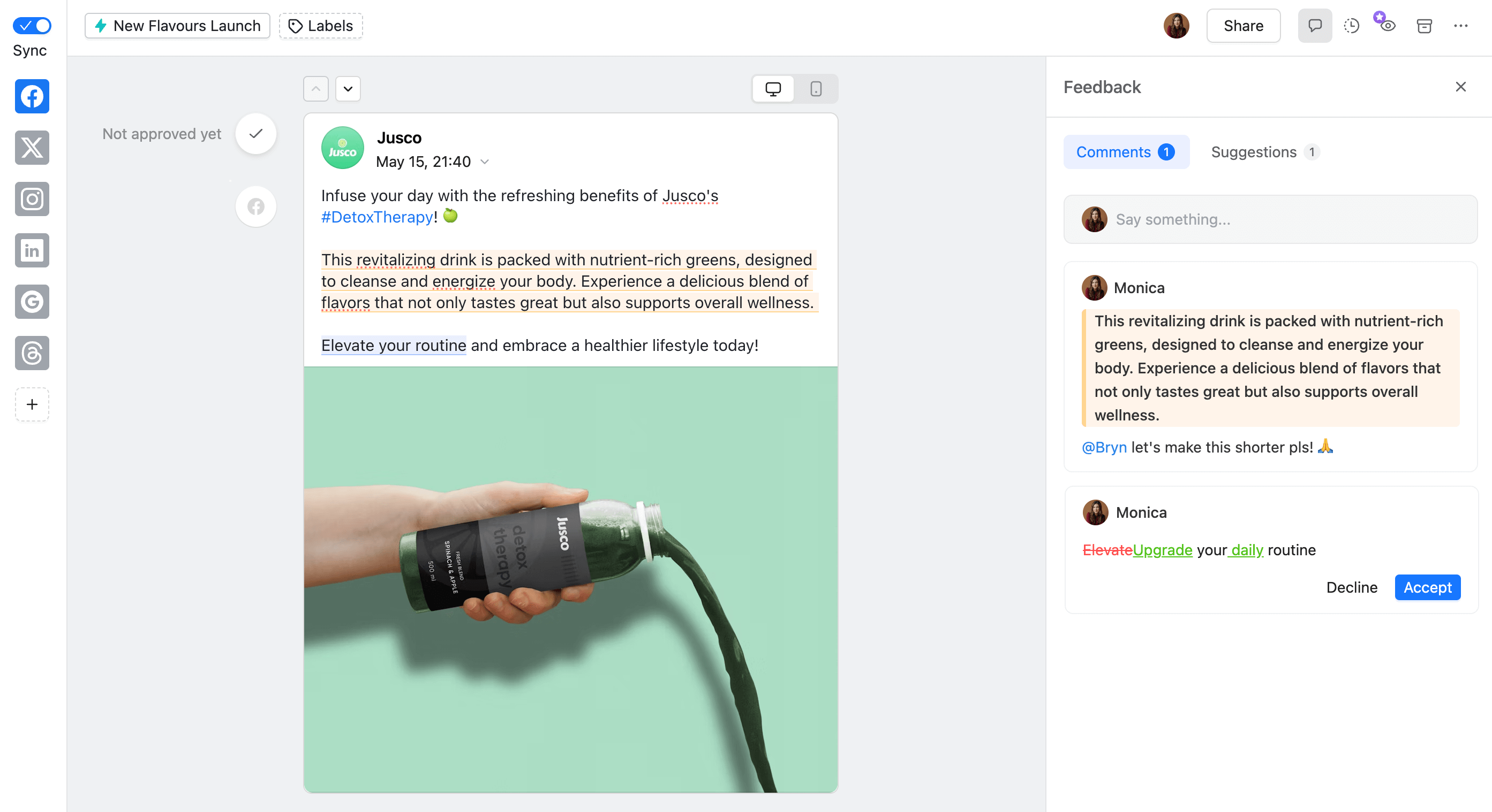 Hand pours dark green detox drink from Jusco bottle in a social media post editor.