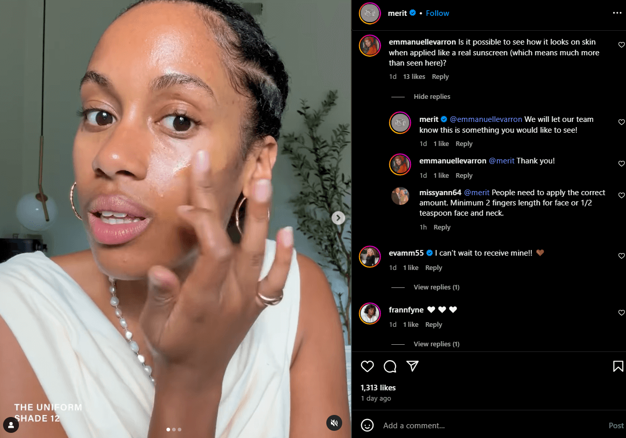 Influencer applies Merit sunscreen as followers give product feedback and usage tips.