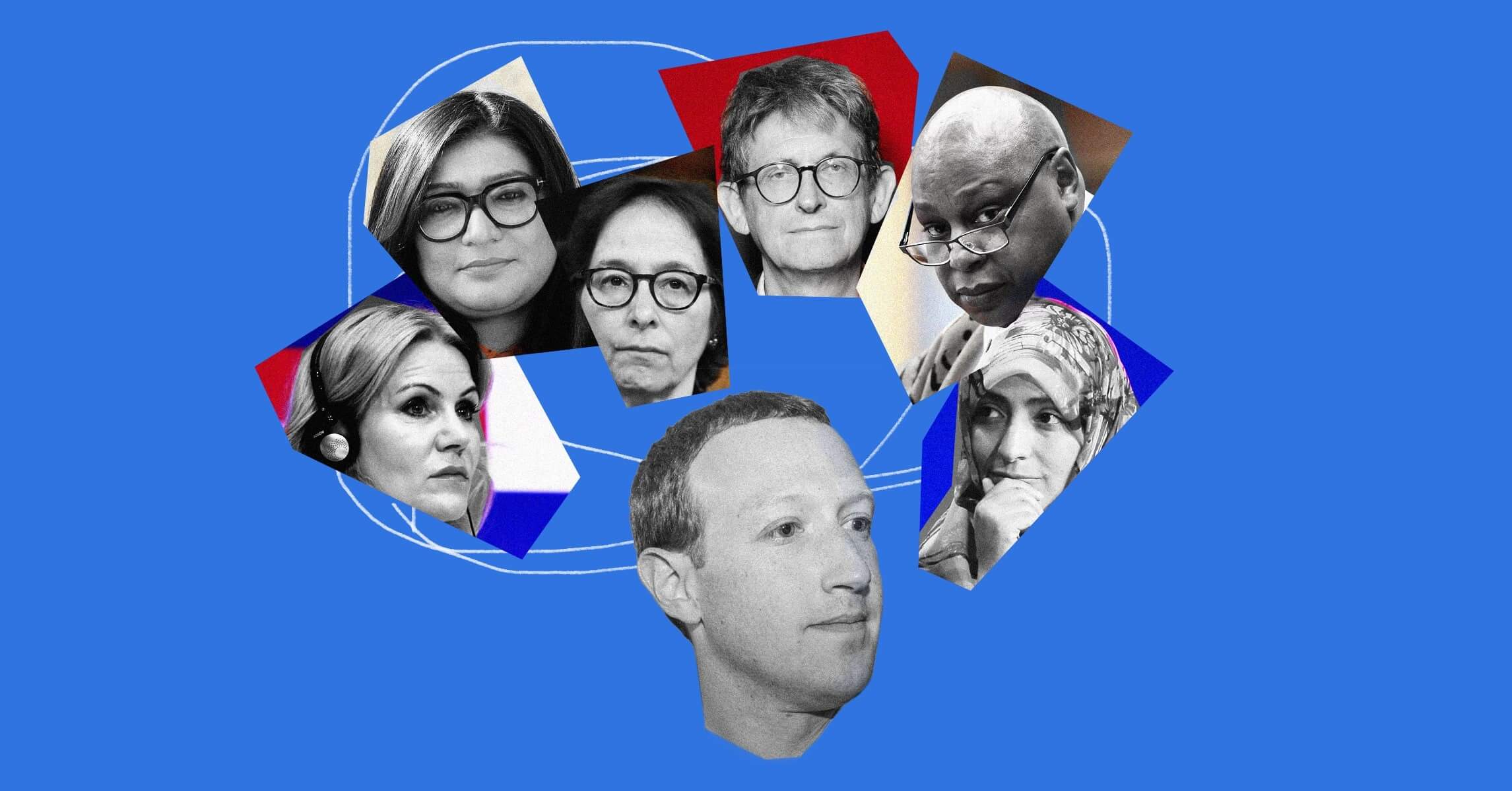  Graphic collage of Meta Oversight Board members connected by white lines on blue.
