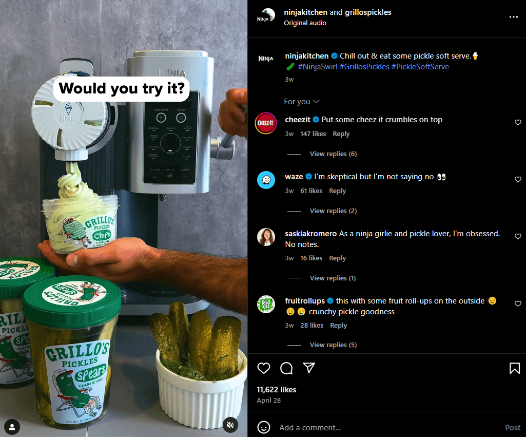 Pickle soft serve video with enthusiastic and curious audience reactions in the comments.