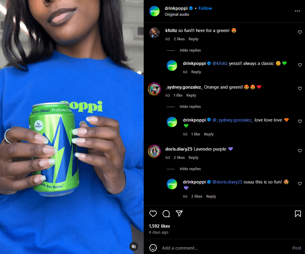 User holding green Poppi soda can; fans comment on colors and favorite flavors. 