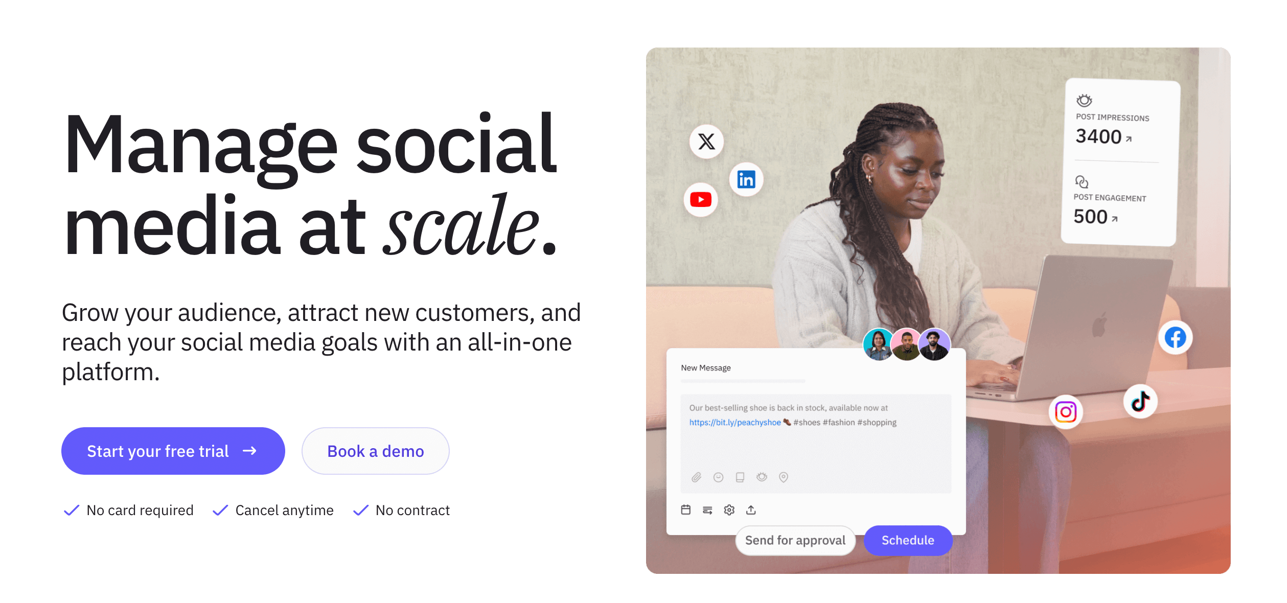Woman managing social media posts with post impressions and engagement metrics