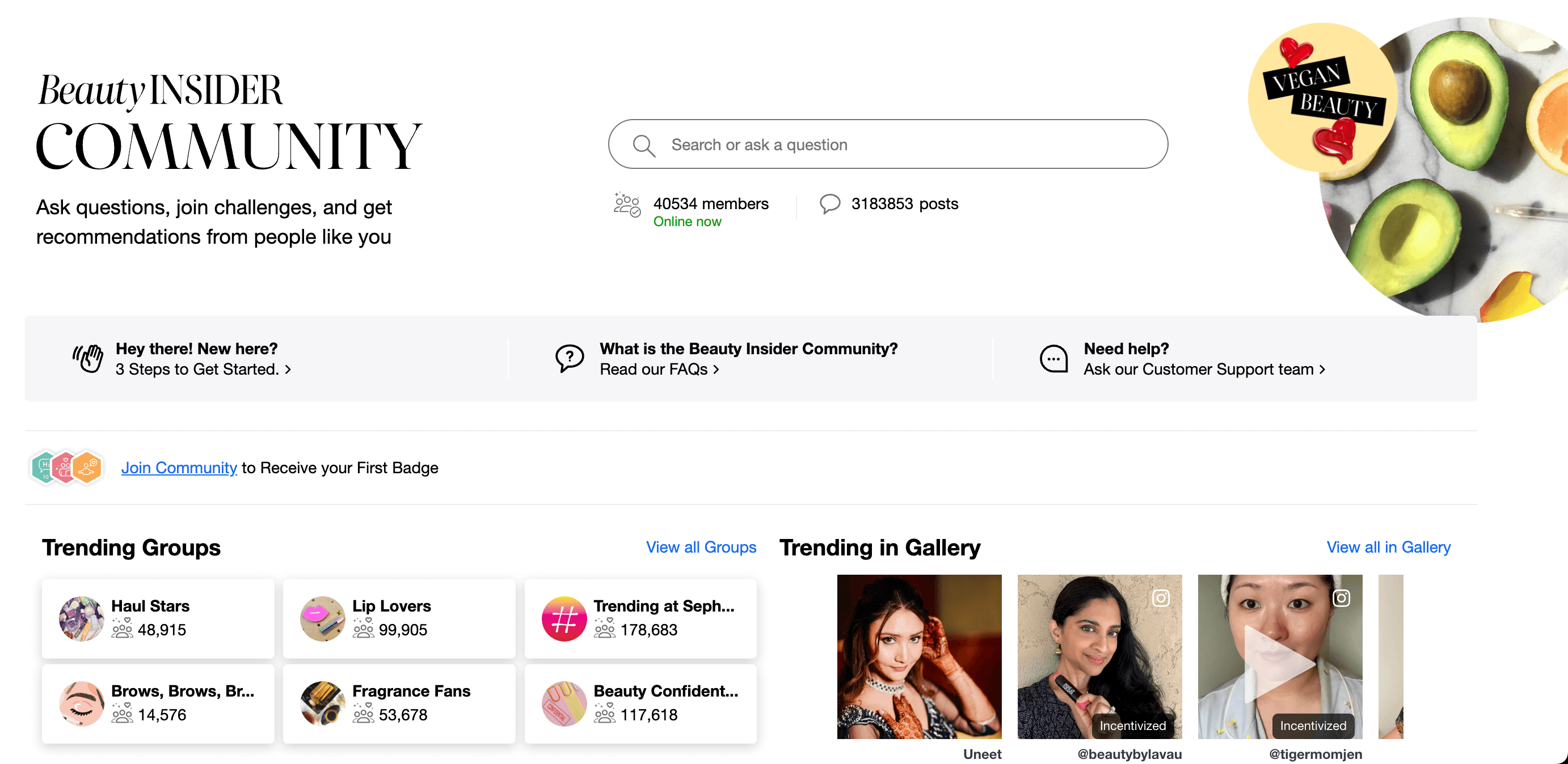 Sephora Beauty Insider Community homepage with search bar and trending discussion groups.