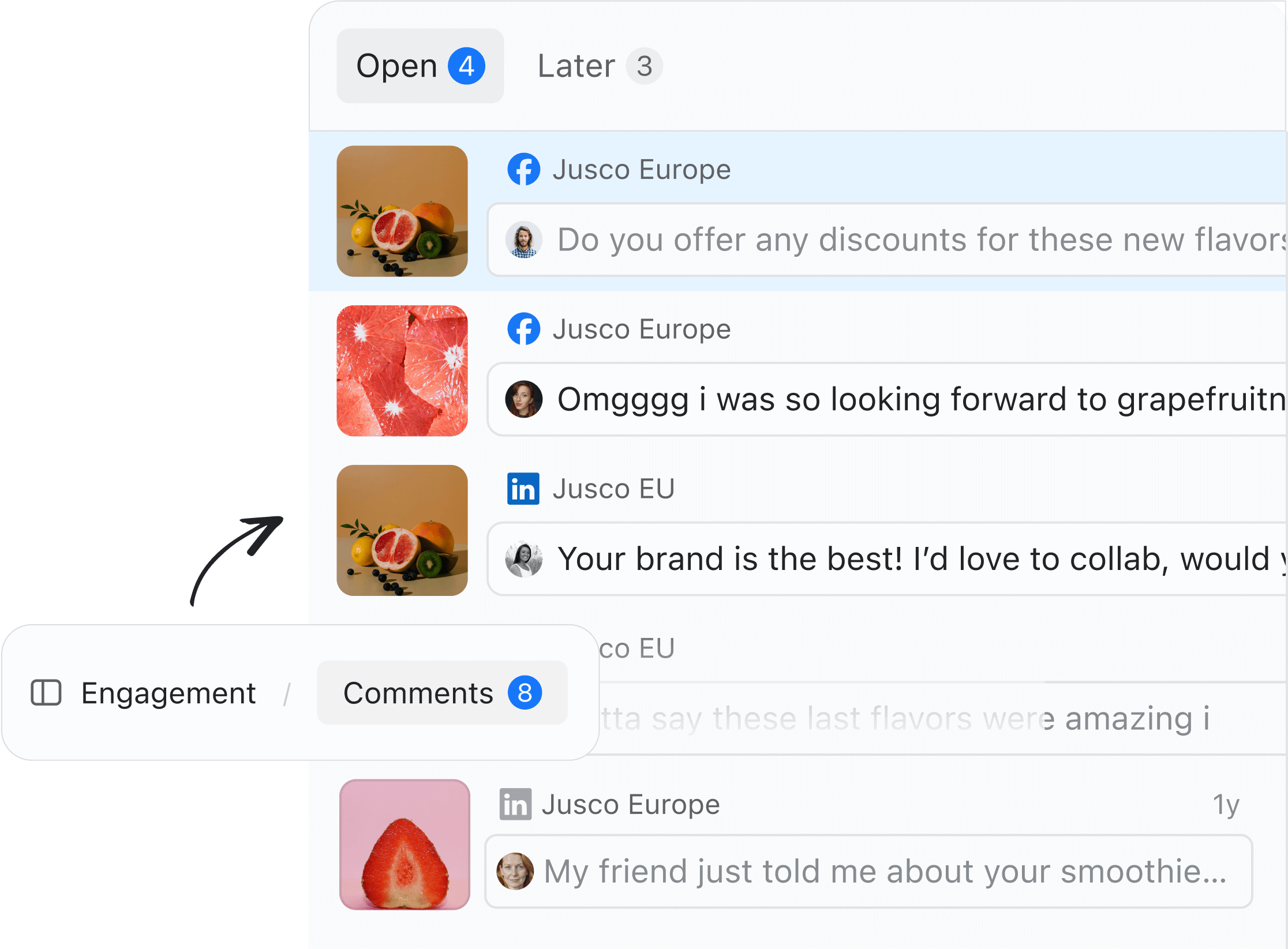 Comments inbox in Planable showing user messages under fruit-themed branded social posts.