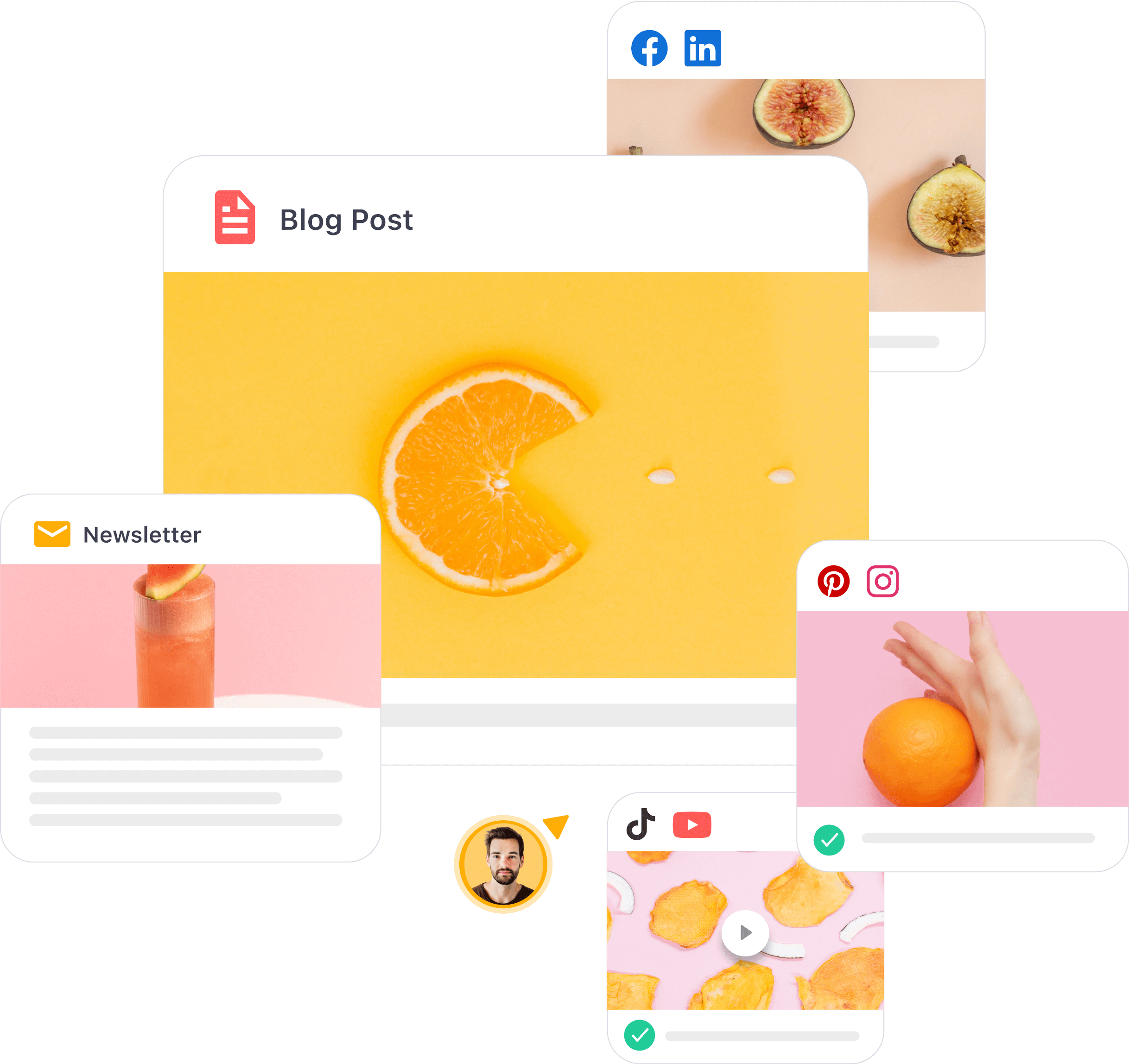 Orange slice as Pac-Man with platform content cards for blog, newsletter, and social media channels.