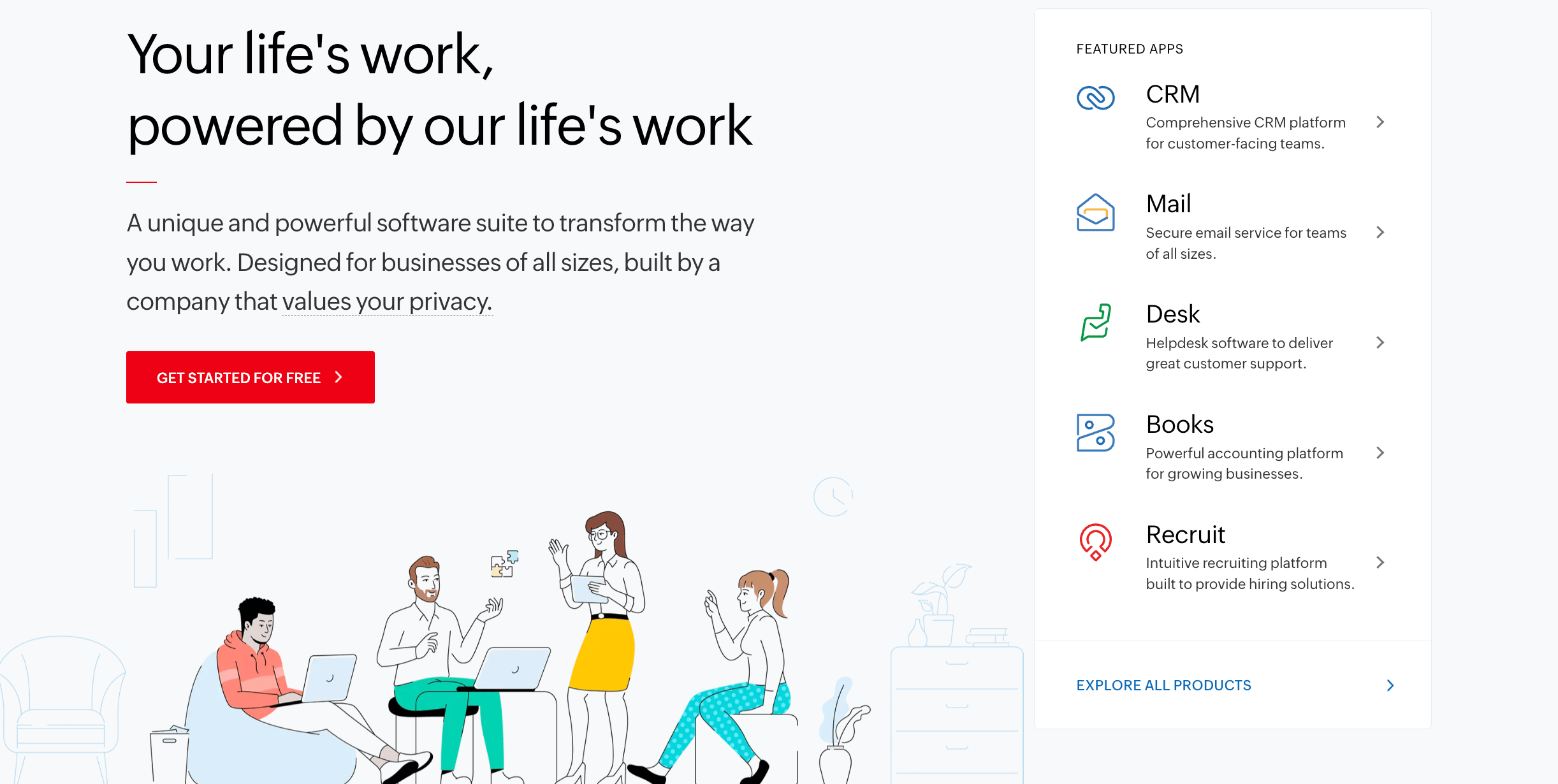 Illustrated team collaborating on devices with list of Zoho CRM products