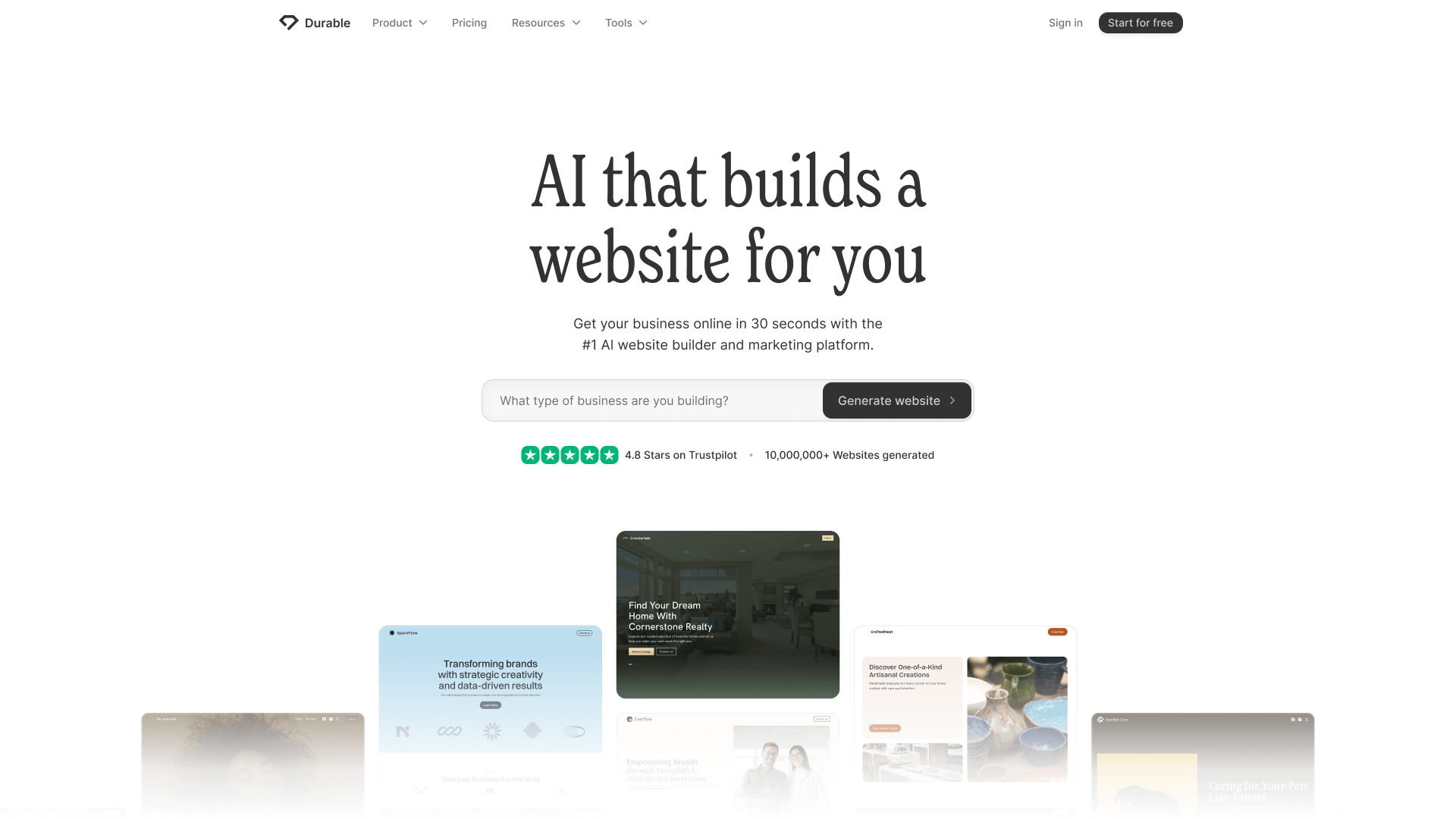 ai tool Durable homepage showing examples of sites it can build for you
